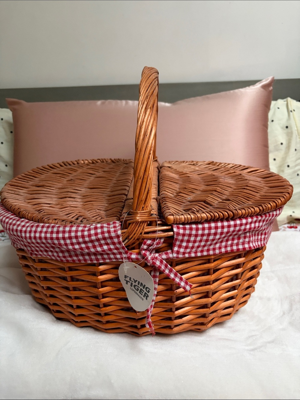 Woven Picnic Basket with Red Gingham Liner - Flying Tiger Tag